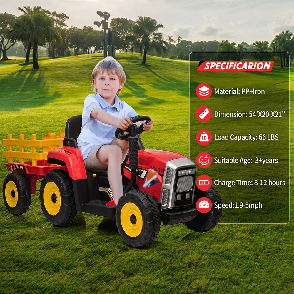 Garvee Ride - P Series: 12V Electric Tractor & Trailer for Kids, 3-6 Yrs - With RC - Red / 25W