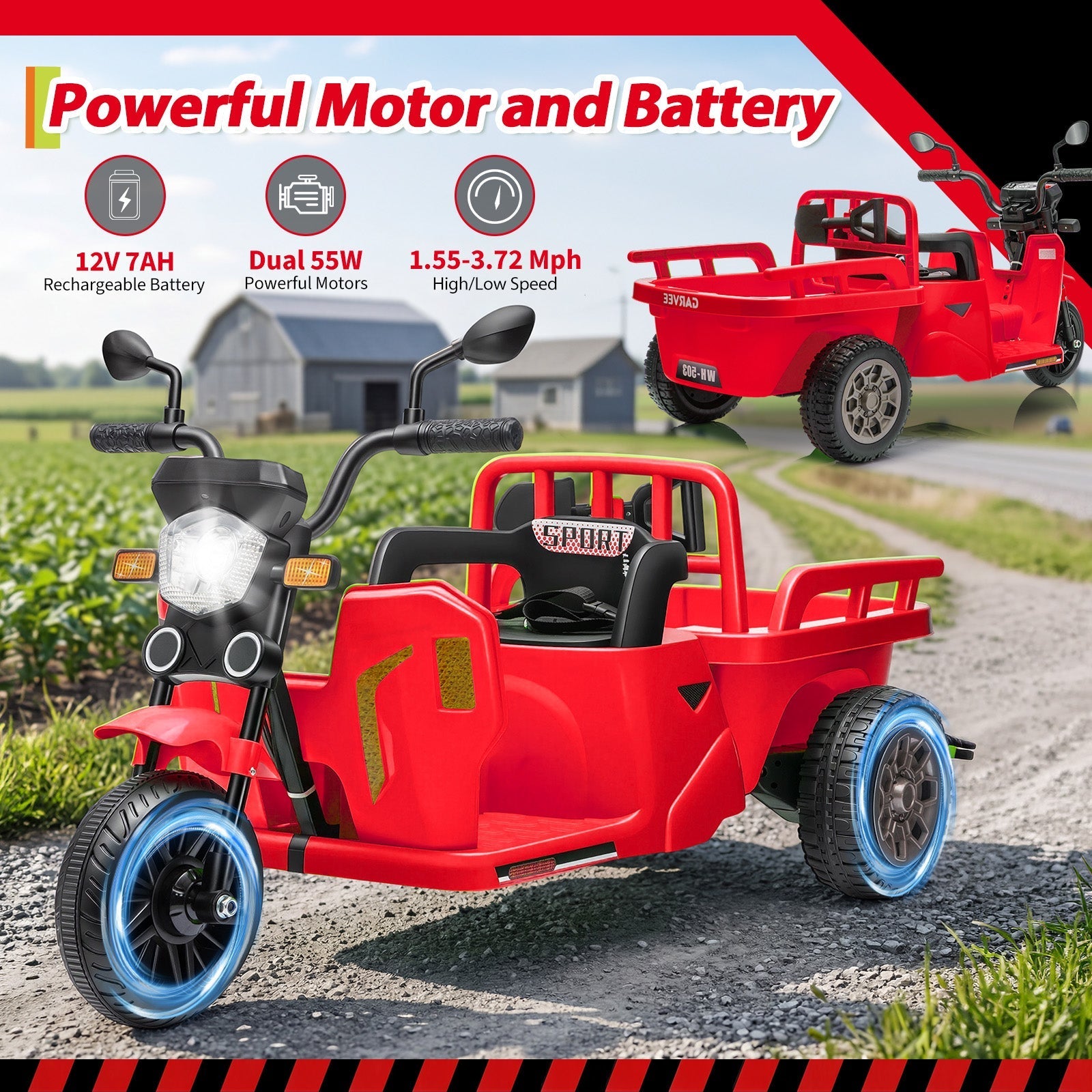 Garvee Ride P Series 3-Wheels Electric Tricycle w/Trailer, 12V Battery Powered Kids Motorcycle with Sand Shovel, 2x55W Motors, Bluetooth, Music, Headlight, Ride on Motorcycle for Kids Toddlers, Gift for Boys Girls, Red