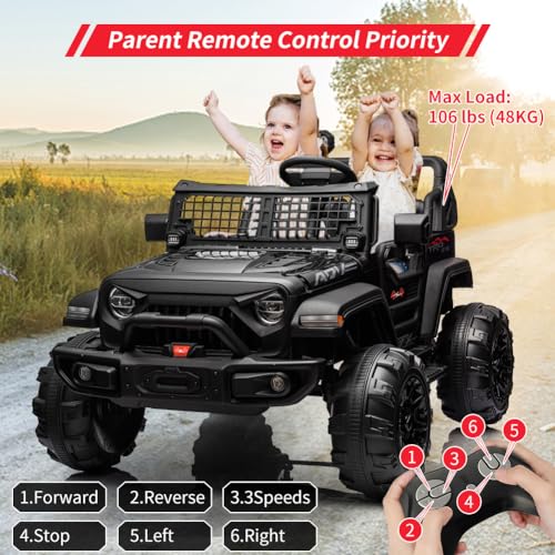 Garvee Ride - P Series: 2 Seaters Kids Ride On Truck With Remote Control,20β Large Seat Ride On Car for Toddlers, 24V 9AH Electric Vehicle Car With Led Light,Large Storage Space, Bottle Holder,Music, Horn for 3-8 Years,Black