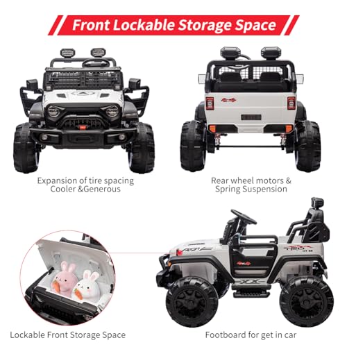 Garvee Ride - P Series: 2 Seaters Kids Ride On Truck With Remote Control,20β Large Seat Ride On Car for Toddlers, 24V 9AH Electric Vehicle Car With Led Light,Large Storage Space, Bottle Holder,Music, Horn for 3-8 Years,White
