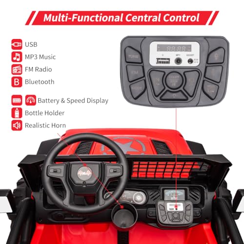 Garvee Ride - P Series: 2 Seaters Kids Ride On Truck with Remote Control,20β Large Seat Ride On Car for Toddlers, 24V 9AH Electric Vehicle Car with Led Light,Large Storage Space, Bottle Holder,Music, Horn for 3-8 Years,Red