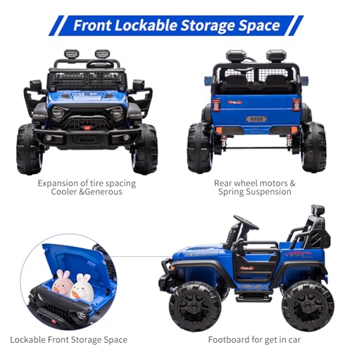 Garvee Ride - P Series: 2 Seaters Kids Ride On Truck with Remote Control,20β Large Seat Ride On Car for Toddlers, 24V 9AH Electric Vehicle Car with Led Light,Large Storage Space, Bottle Holder,Music, Horn for 3-8 Years,Blue