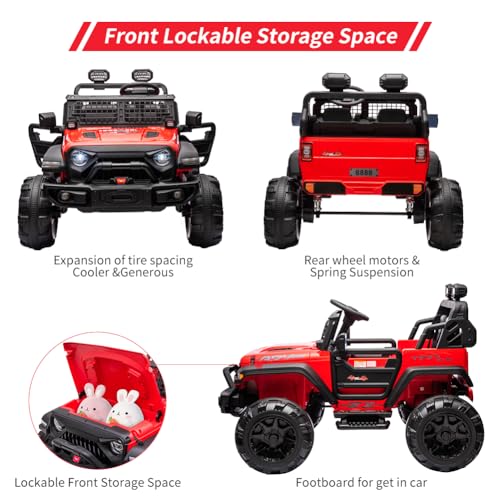 Garvee Ride - P Series: 2 Seaters Kids Ride On Truck with Remote Control,20β Large Seat Ride On Car for Toddlers, 24V 9AH Electric Vehicle Car with Led Light,Large Storage Space, Bottle Holder,Music, Horn for 3-8 Years,Red