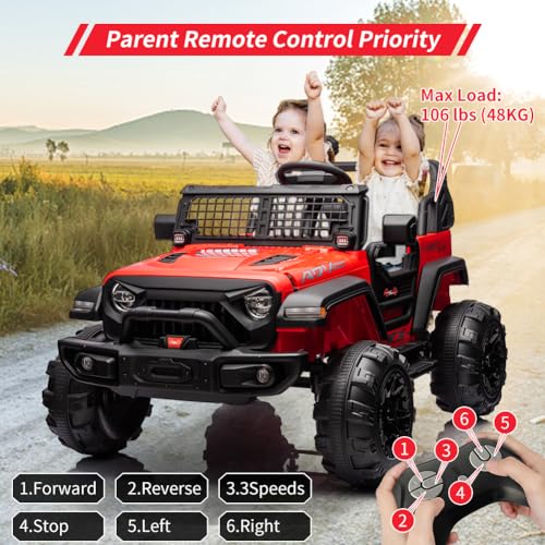 Garvee Ride - P Series: 2 Seaters Kids Ride On Truck with Remote Control,20β Large Seat Ride On Car for Toddlers, 24V 9AH Electric Vehicle Car with Led Light,Large Storage Space, Bottle Holder,Music, Horn for 3-8 Years,Red