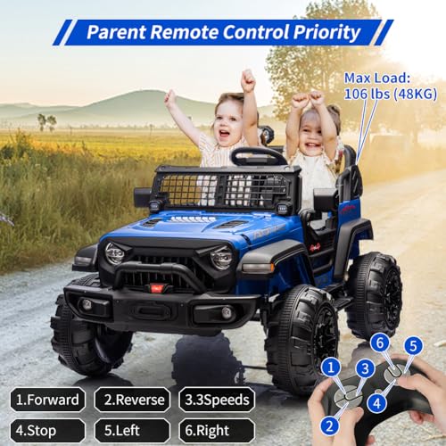 Garvee Ride - P Series: 2 Seaters Kids Ride On Truck with Remote Control,20β Large Seat Ride On Car for Toddlers, 24V 9AH Electric Vehicle Car with Led Light,Large Storage Space, Bottle Holder,Music, Horn for 3-8 Years,Blue