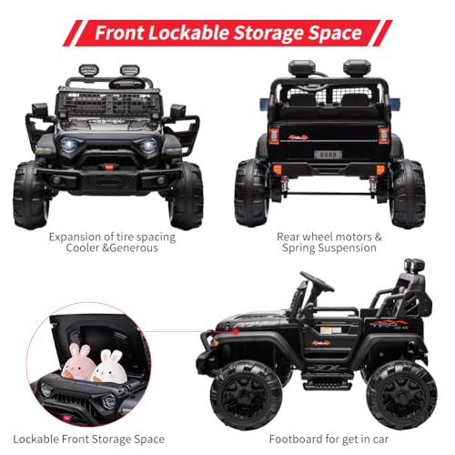 Garvee Ride - P Series: 2 Seaters Kids Ride On Truck With Remote Control,20β Large Seat Ride On Car for Toddlers, 24V 9AH Electric Vehicle Car With Led Light,Large Storage Space, Bottle Holder,Music, Horn for 3-8 Years,Black