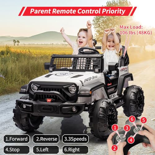 Garvee Ride - P Series: 2 Seaters Kids Ride On Truck With Remote Control,20β Large Seat Ride On Car for Toddlers, 24V 9AH Electric Vehicle Car With Led Light,Large Storage Space, Bottle Holder,Music, Horn for 3-8 Years,White