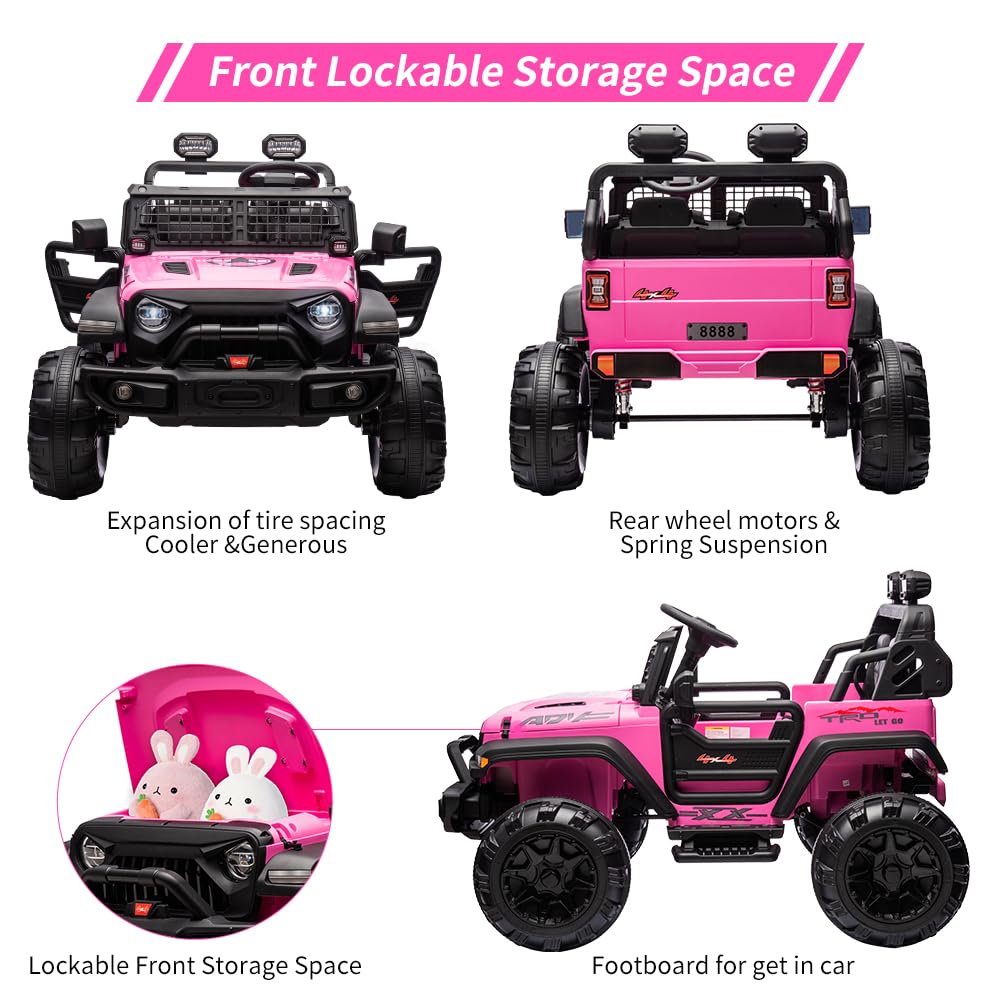 Garvee Ride - P Series: 2 Seaters Kids Ride On Truck with Remote Control,20β Large Seat Ride On Car for Toddlers, 24V 9AH Electric Vehicle Car with Led Light,Large Storage Space, Bottle Holder,Music, Horn for 3-8 Years,Pink