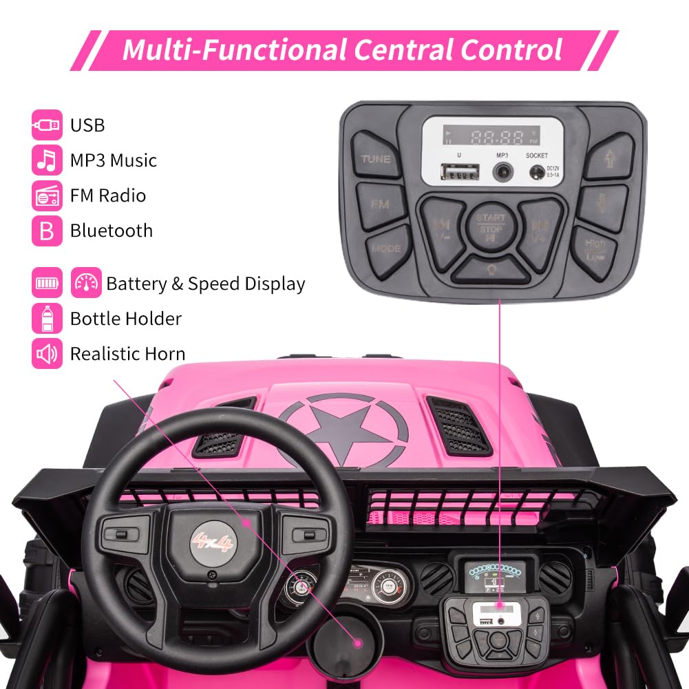 Garvee Ride - P Series: 2 Seaters Kids Ride On Truck with Remote Control,20β Large Seat Ride On Car for Toddlers, 24V 9AH Electric Vehicle Car with Led Light,Large Storage Space, Bottle Holder,Music, Horn for 3-8 Years,Pink