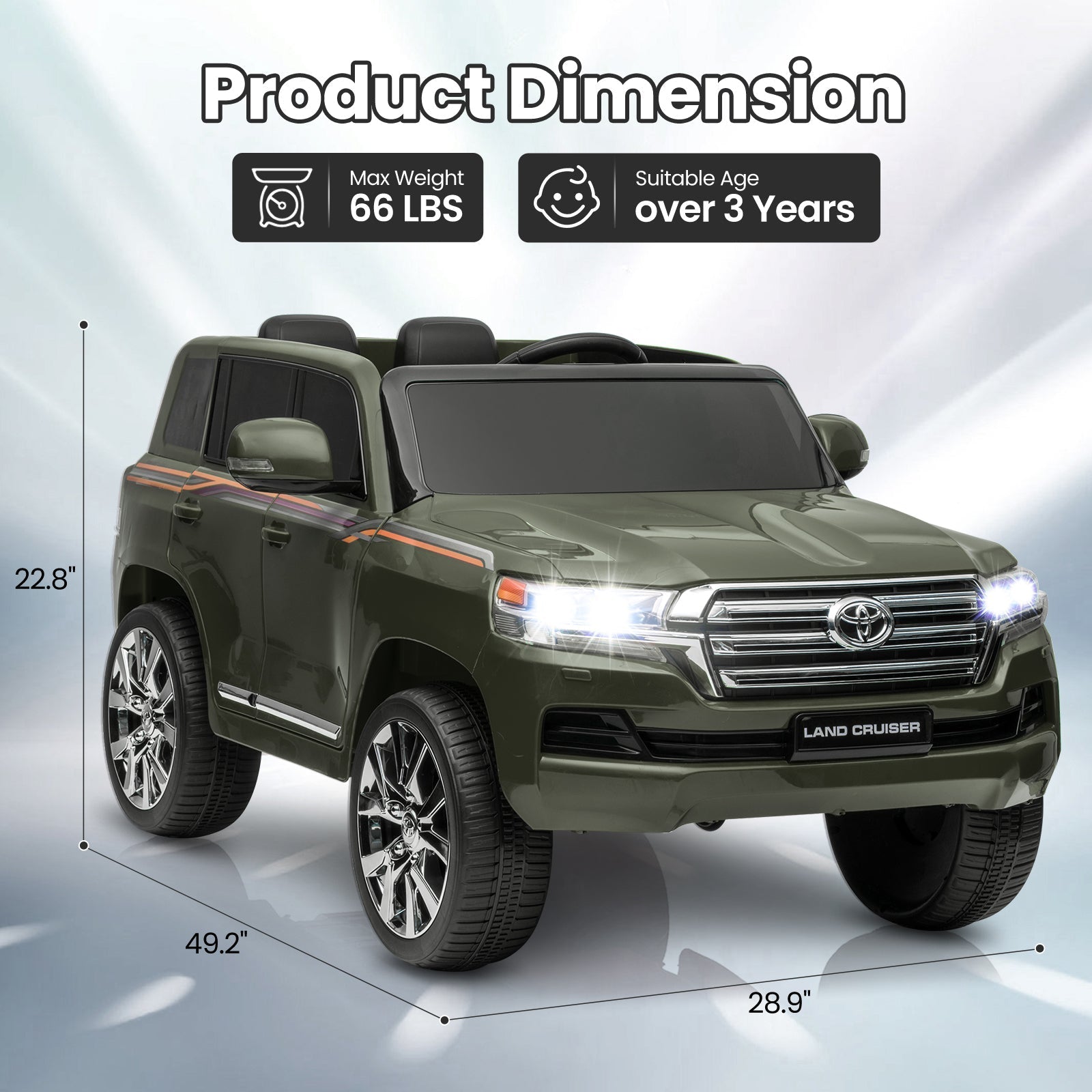 Garvee Ride - P Series: 12V Toyota Land Cruiser Kids' Car: Remote, LED, 3 Speeds, Dual 45W Motors, USB Music, Seat Belt, CPC & ASTM Approved - Green