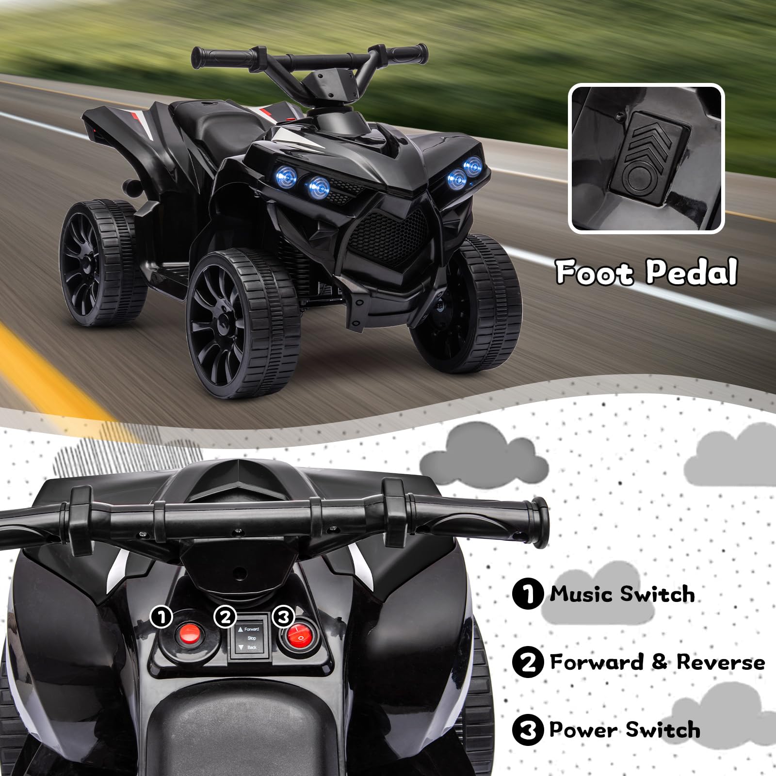 Garvee Ride - P Series: 6V Quad ATV for Kids Toddler 3+ years, Max 55lb Capacity ,With LED, Music, Foot Pedal, Wear-Resistant Wheels, 1.9 MPH - Black