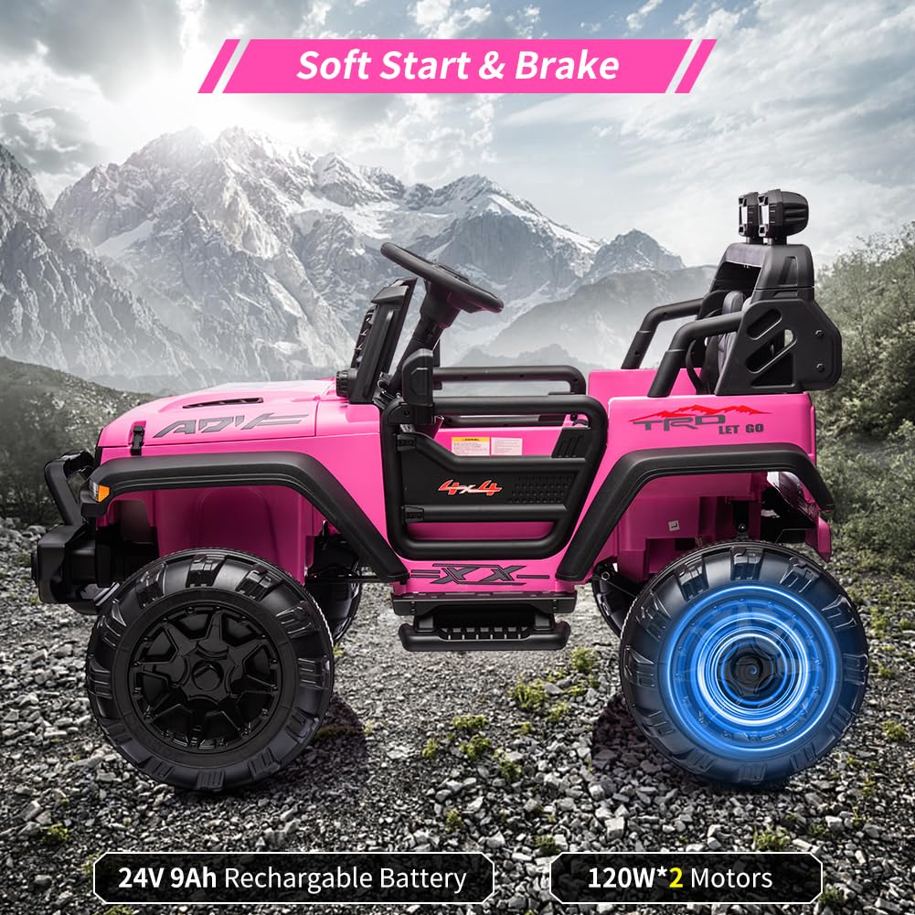 Garvee Ride - P Series: 2 Seaters Kids Ride On Truck with Remote Control,20β Large Seat Ride On Car for Toddlers, 24V 9AH Electric Vehicle Car with Led Light,Large Storage Space, Bottle Holder,Music, Horn for 3-8 Years,Pink