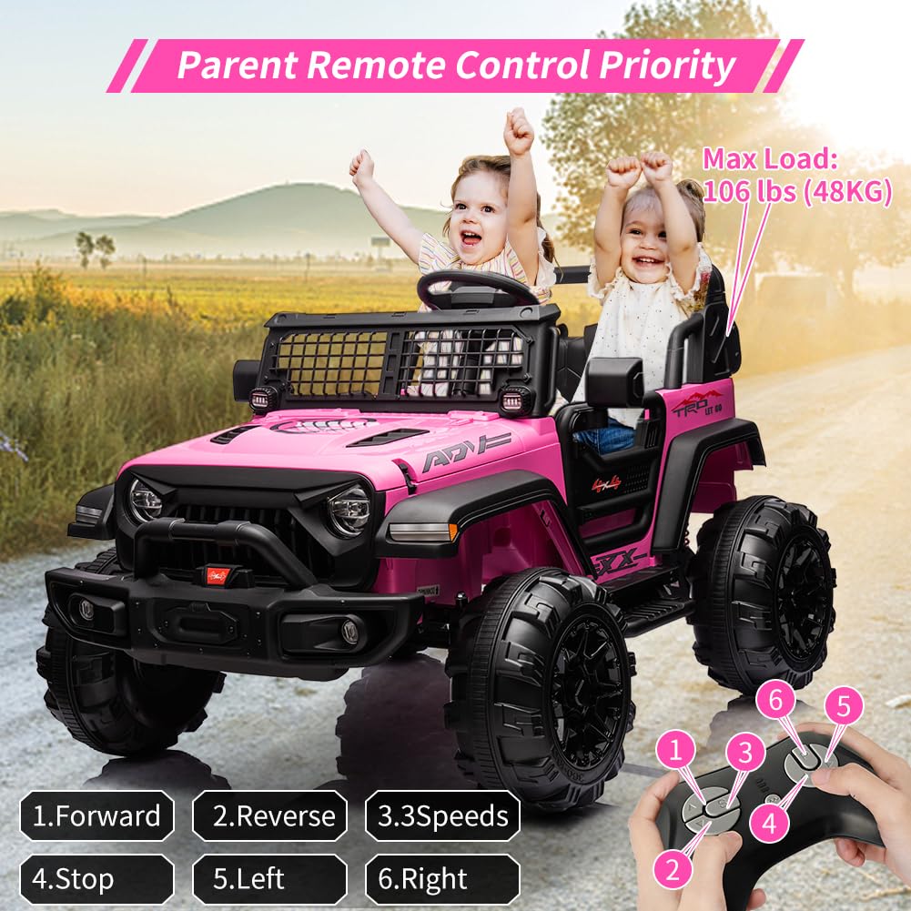 Garvee Ride - P Series: 2 Seaters Kids Ride On Truck with Remote Control,20β Large Seat Ride On Car for Toddlers, 24V 9AH Electric Vehicle Car with Led Light,Large Storage Space, Bottle Holder,Music, Horn for 3-8 Years,Pink