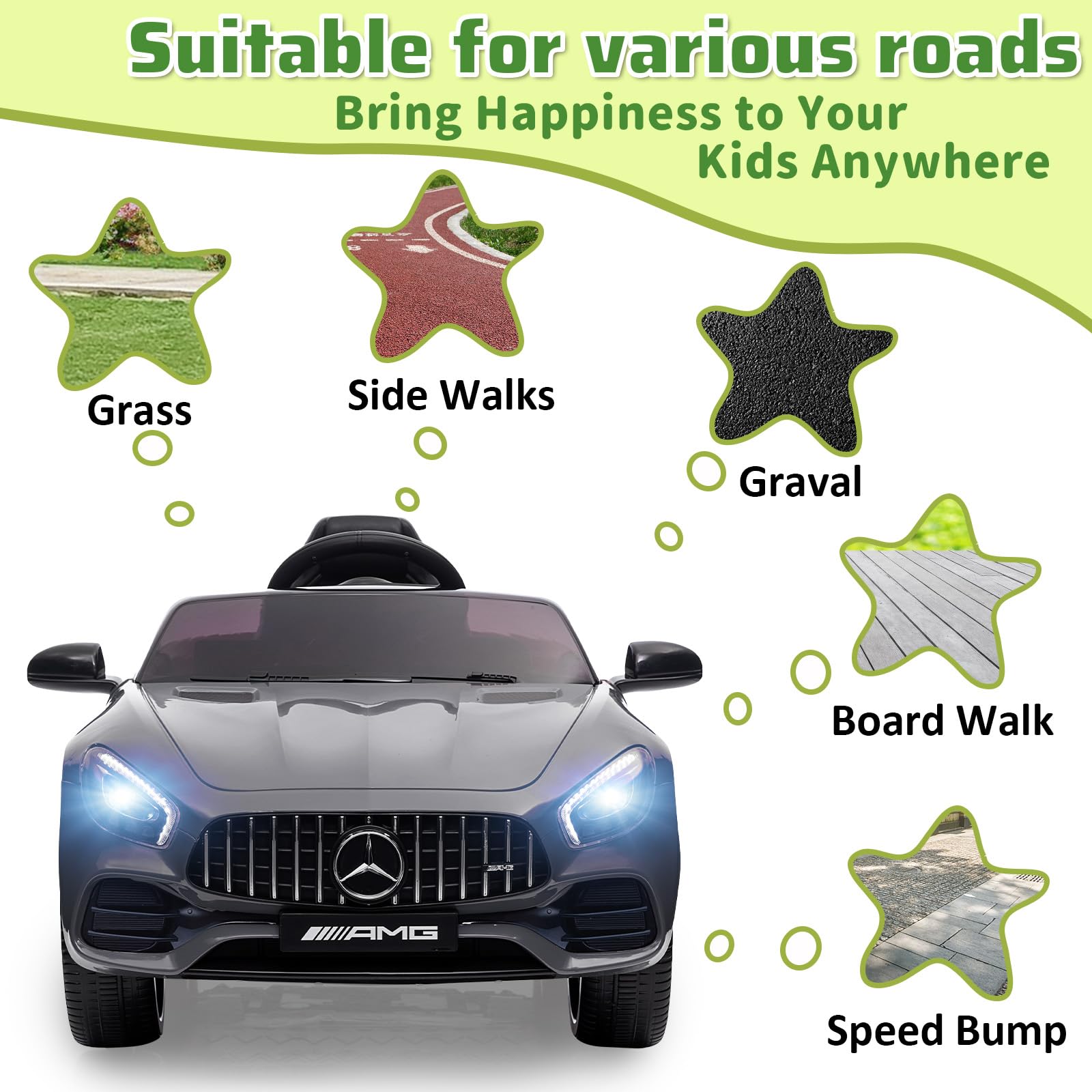 Garvee Ride Car for Kids, 12V Power Battery Electric Vehicles for 3-7 Toddlers, Licensed Mercedes-Benz with Remote Control, MP3 Player - Grey