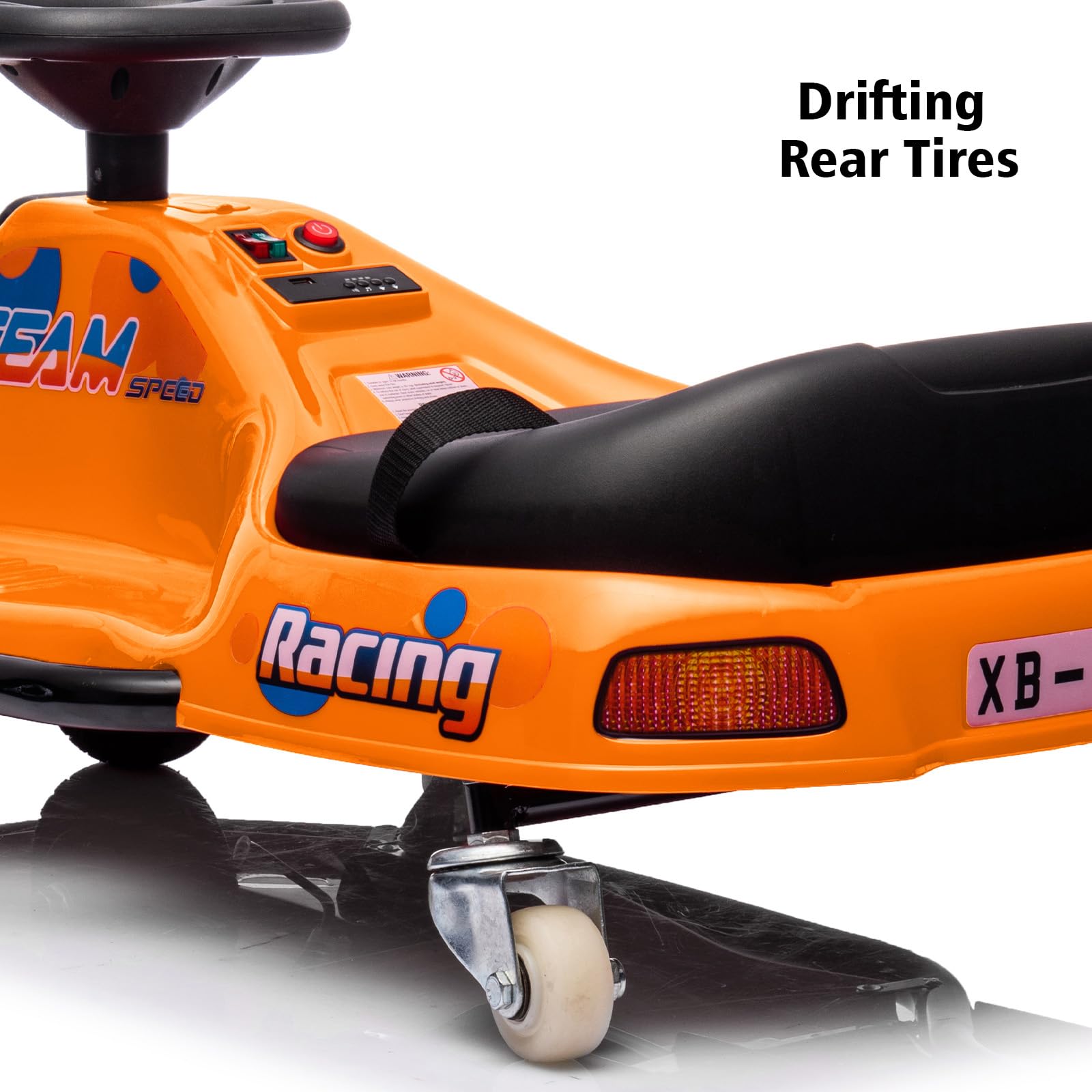 Garvee Ride - P Series: 360 Degrees Rotating Ride On Drift Car,Electric Drifting Go Kart,24V Ride On Race Car,Variable Speed for Kids,Simplified Drift System,Flashing Lights, Flag, Music - Orange
