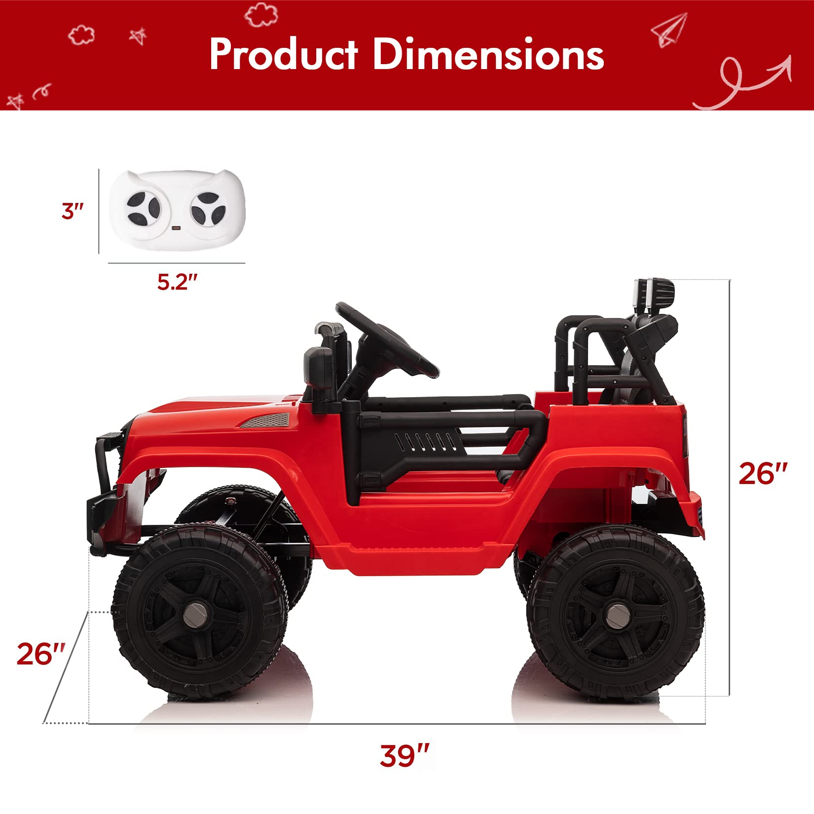 Garvee Ride - P Series: 12V Ride On Truck Car for kid : Remote Control, 3 Speeds, MP3 Music, Suspension, LED Lights,for 3+ Year Old - Red