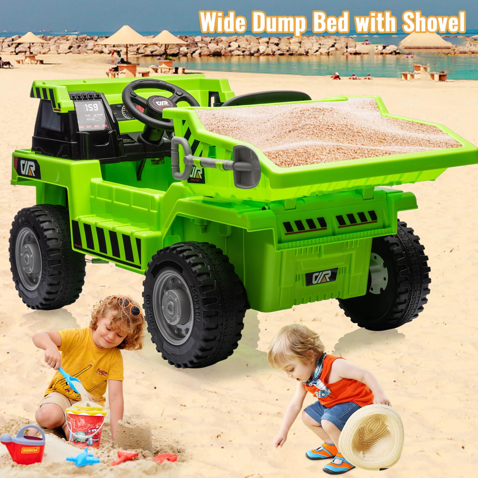 Garvee Ride - P Series: 4WD Ride On Car with Dump Truck, Electric Car for Kids with Remote Control, Toddler Car with Electric Dump Bed & Shovel, 2 Speeds,