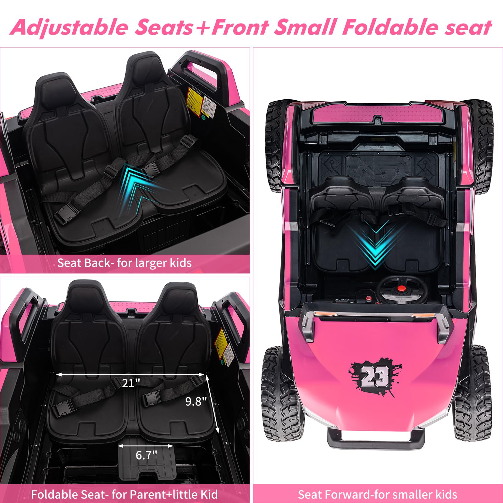 Garvee Ride - P Series: 24V 2-Seater Ride-On UTV: Remote Control, 4WD Motors, 21" Seats + Foldable Seat, 15.4" EVA Wheels, Music, LED Lights, 140lb Max Load - Pink