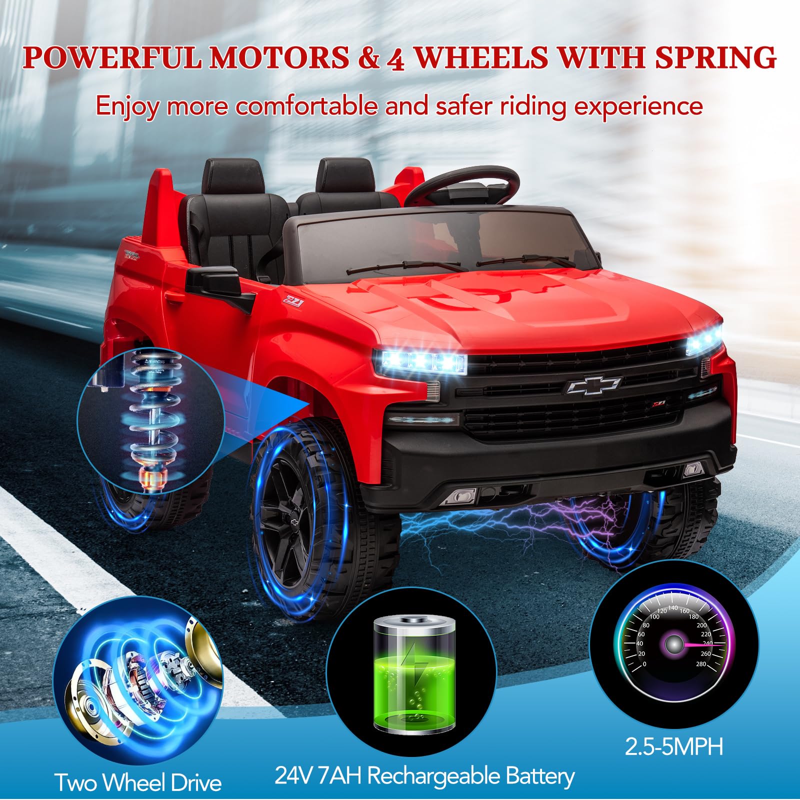 Garvee Ride - P Series: 24V 2-Seater Ride On Car For Kids For 3 - 8 years, Licensed Chevrolet Silverado - Red