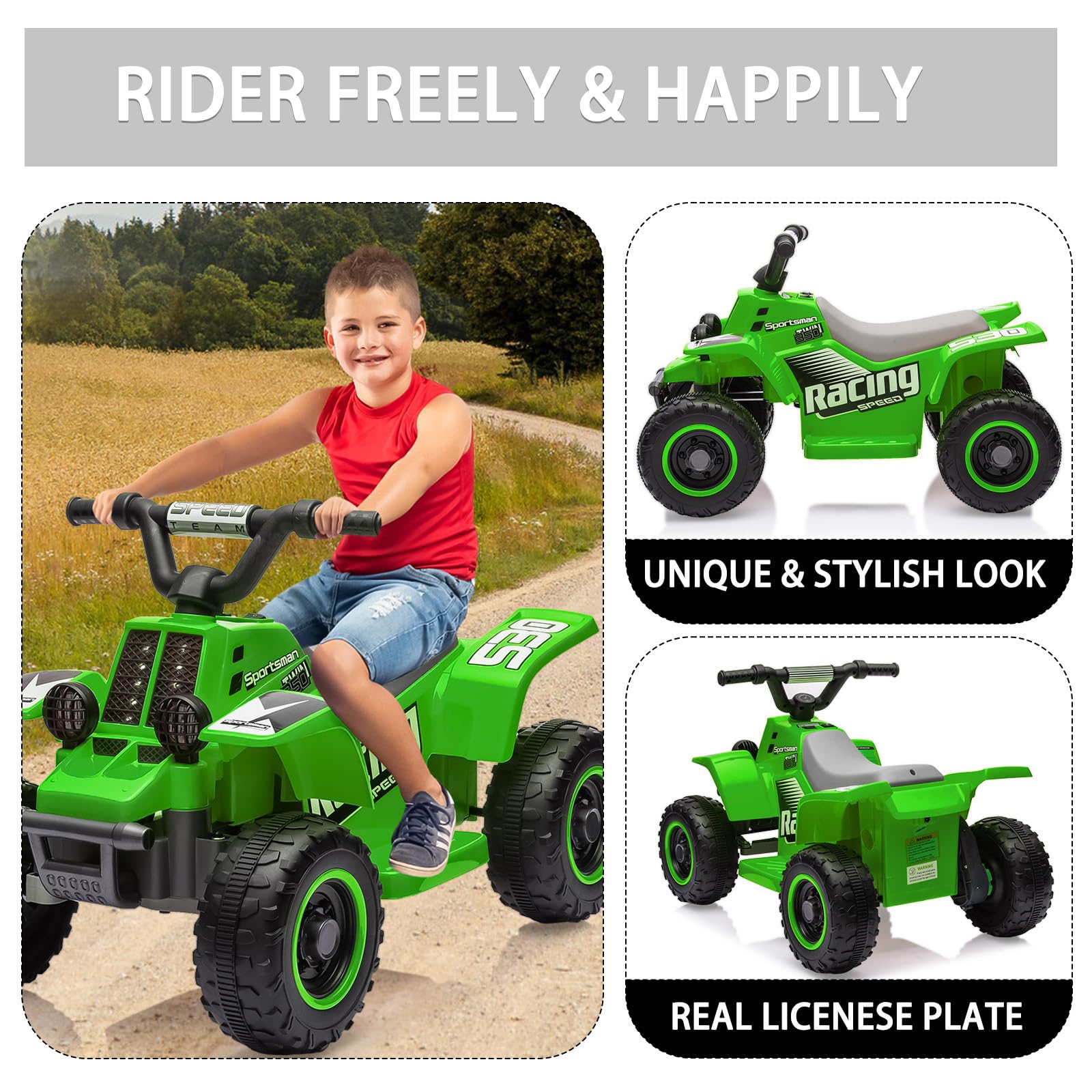 Garvee Ride - P Series: 6V Kids Ride On Electric Quad ATV, Ride Car with LED Headlights, Ride-On Toy for Toddlers 1-3 Boys & Girls with Music, Forward & Reverse - Green