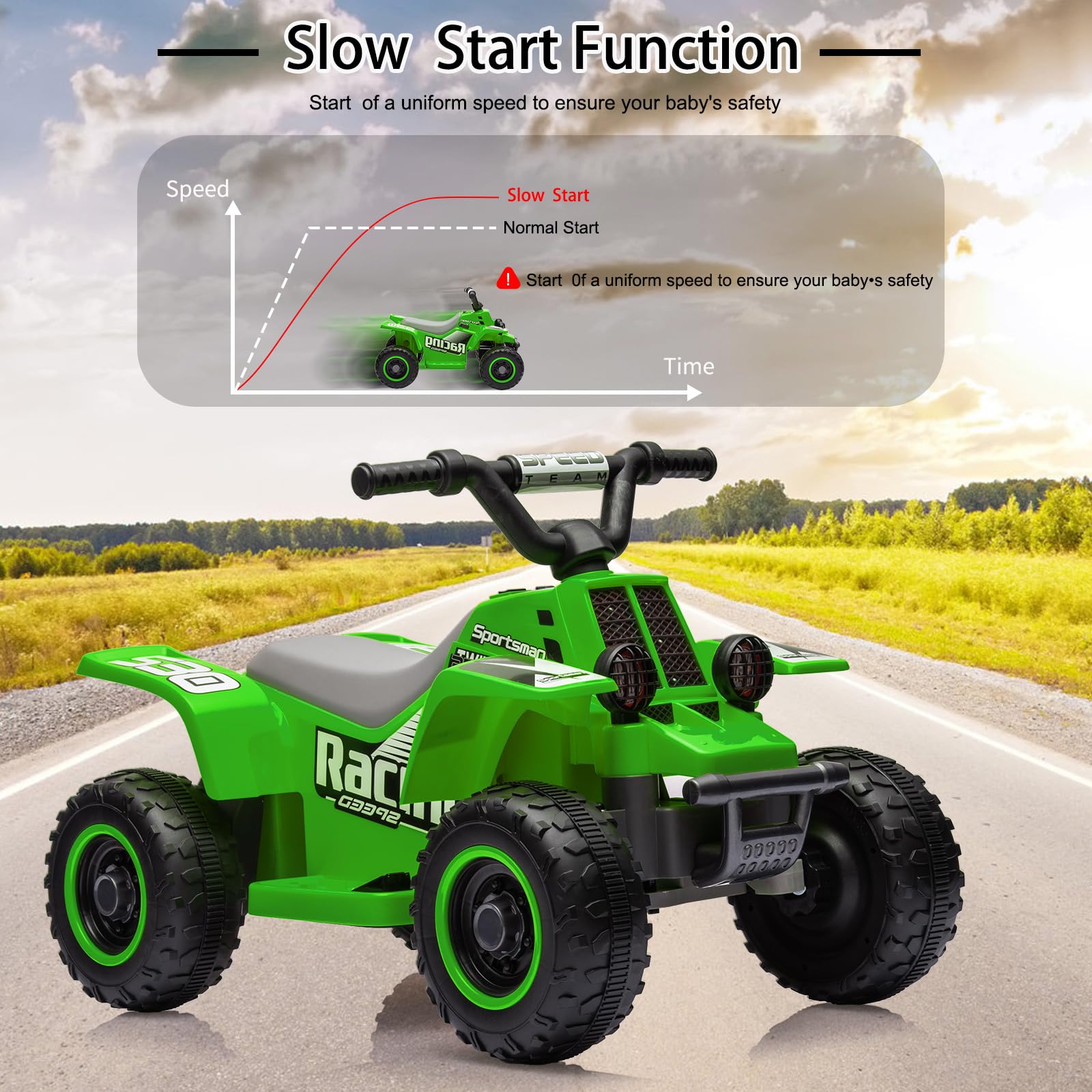 Garvee Ride - P Series: 6V Kids Ride On Electric Quad ATV, Ride Car with LED Headlights, Ride-On Toy for Toddlers 1-3 Boys & Girls with Music, Forward & Reverse - Green