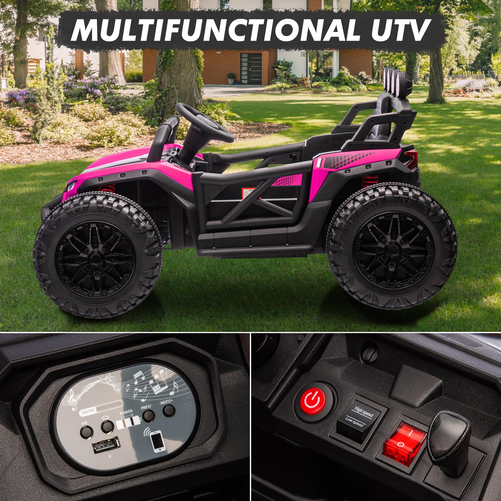 Garvee Ride - P Series: 24V Electric UTV,Ride On Toys for Big Kids,2x130W Powerful Electric Car with Remote Control, 4 Shock Absorbers,LED Lights,Music for Boys and Girls,Pink