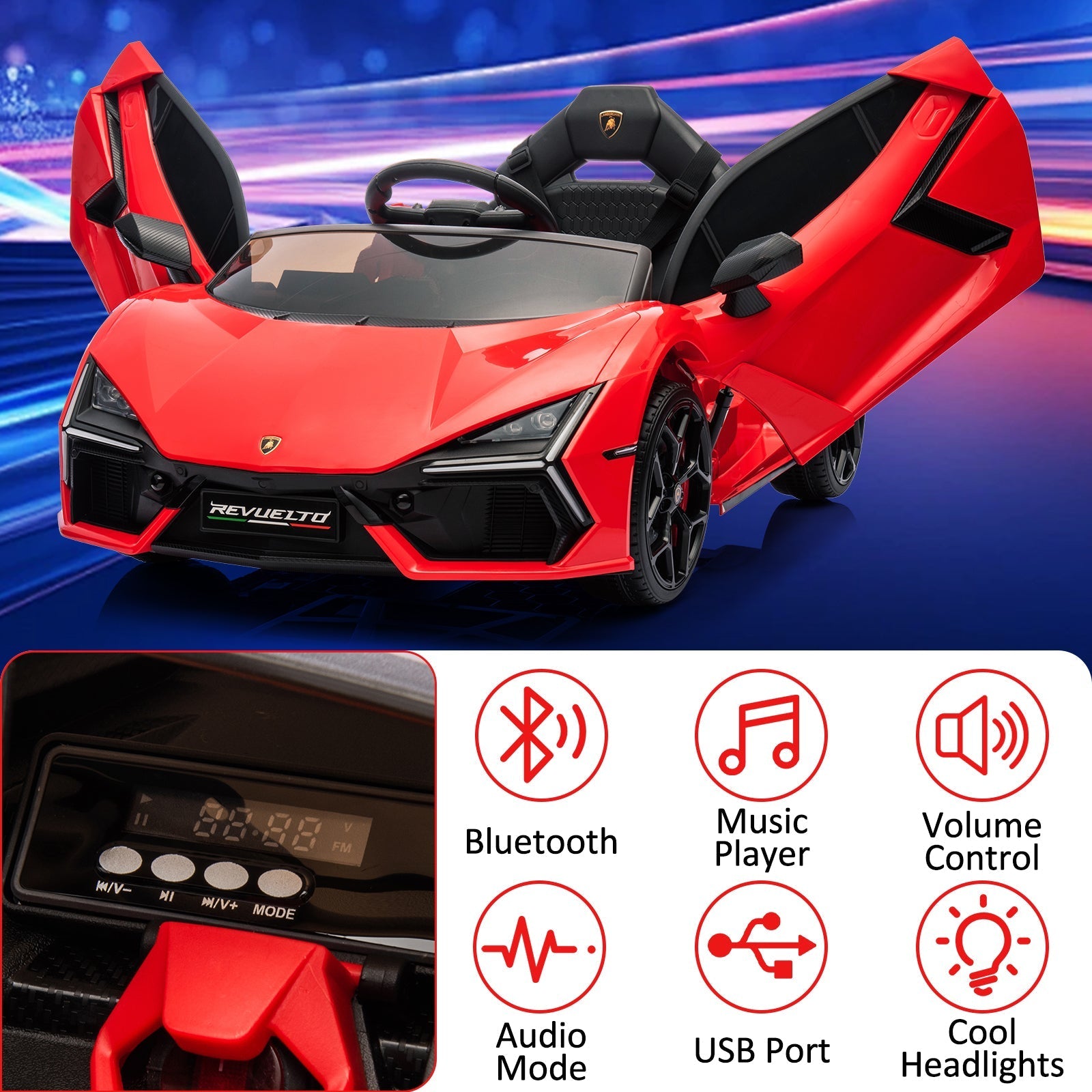 Garvee Ride - P Series: 12V Ride On Car for Kids, Licensed Revuelto Electric Vehicle, Battery Powered Sports Car Toy for Boys & Girls, with Bluetooth, Usb