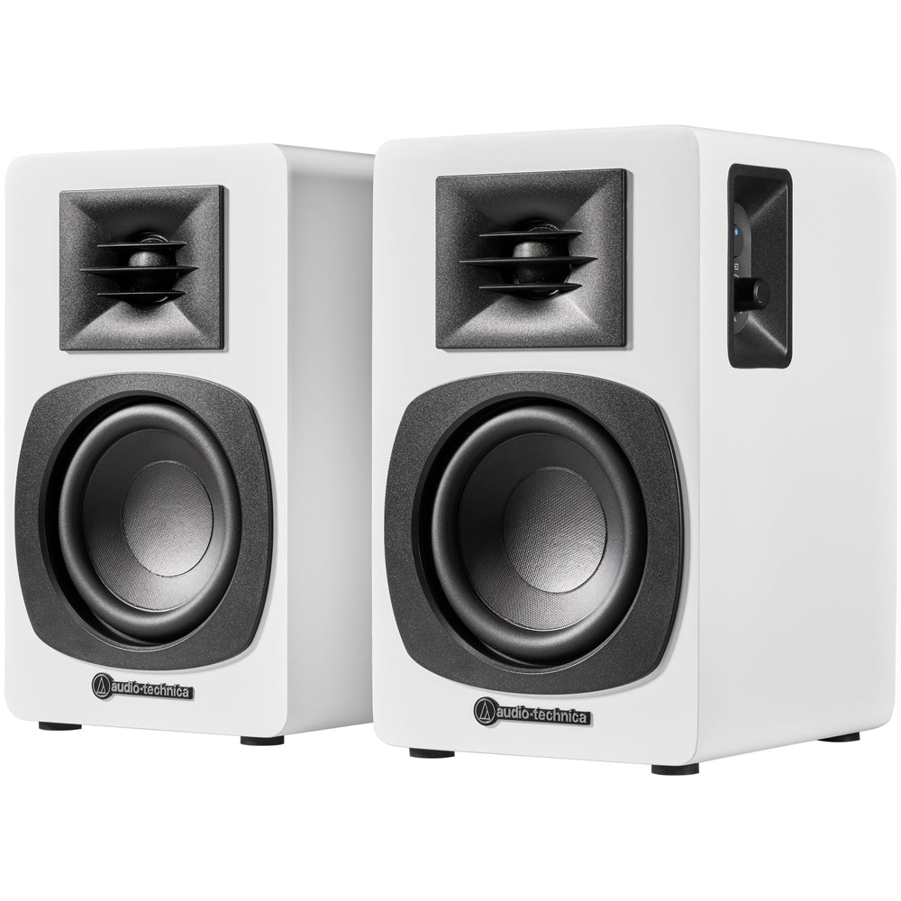 Audio Technica AT-SP3X Powered Bluetooth Bookshelf Speakers White with AT-ST3 Stands Pair