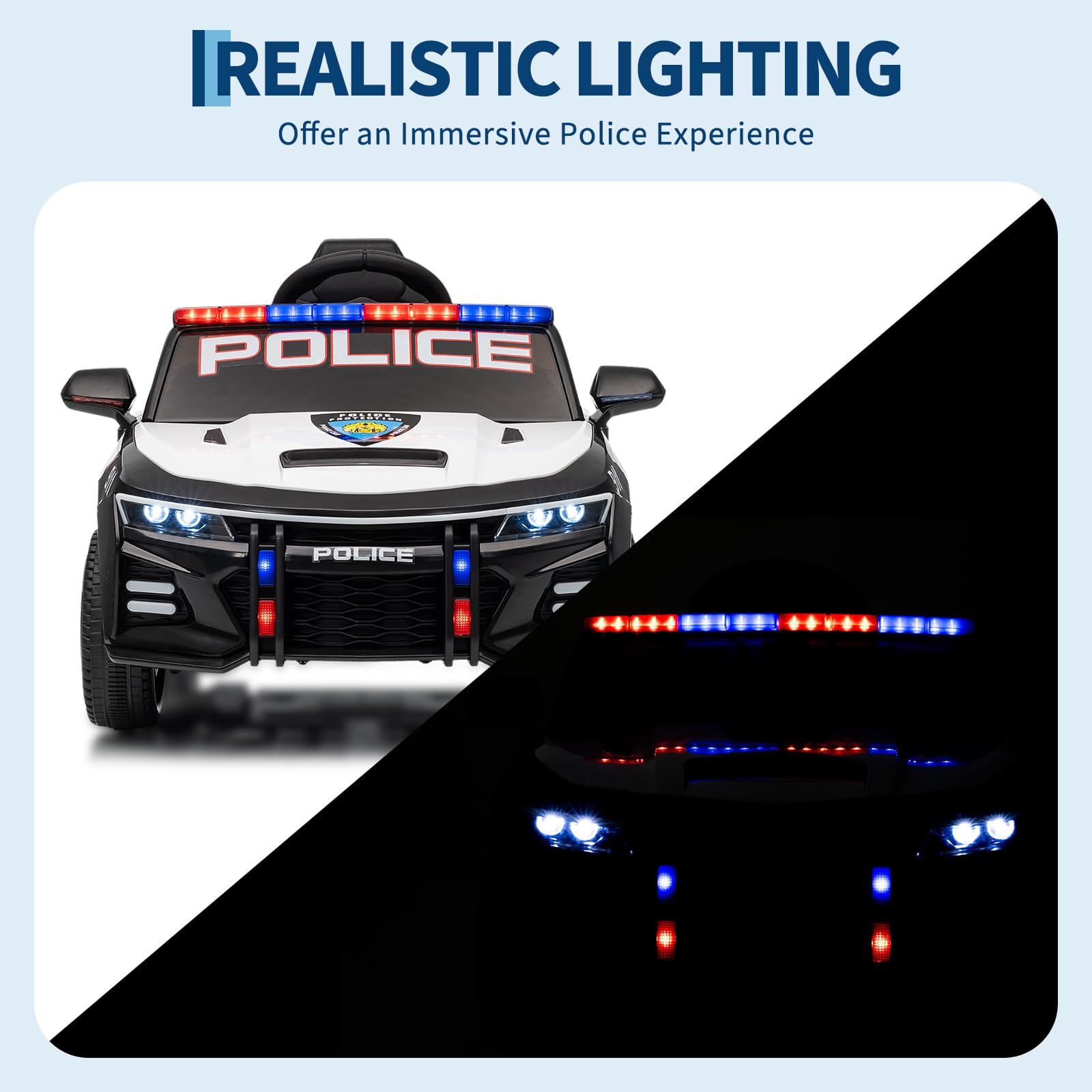 Garvee Ride - P Series: 12V Police Car Ride-On Toy for Kids with Remote Control, Emergency Tones, Megaphone, Flashing Lights, Spring Suspension, Music, Safe Buckle Locks, Quick Assembly