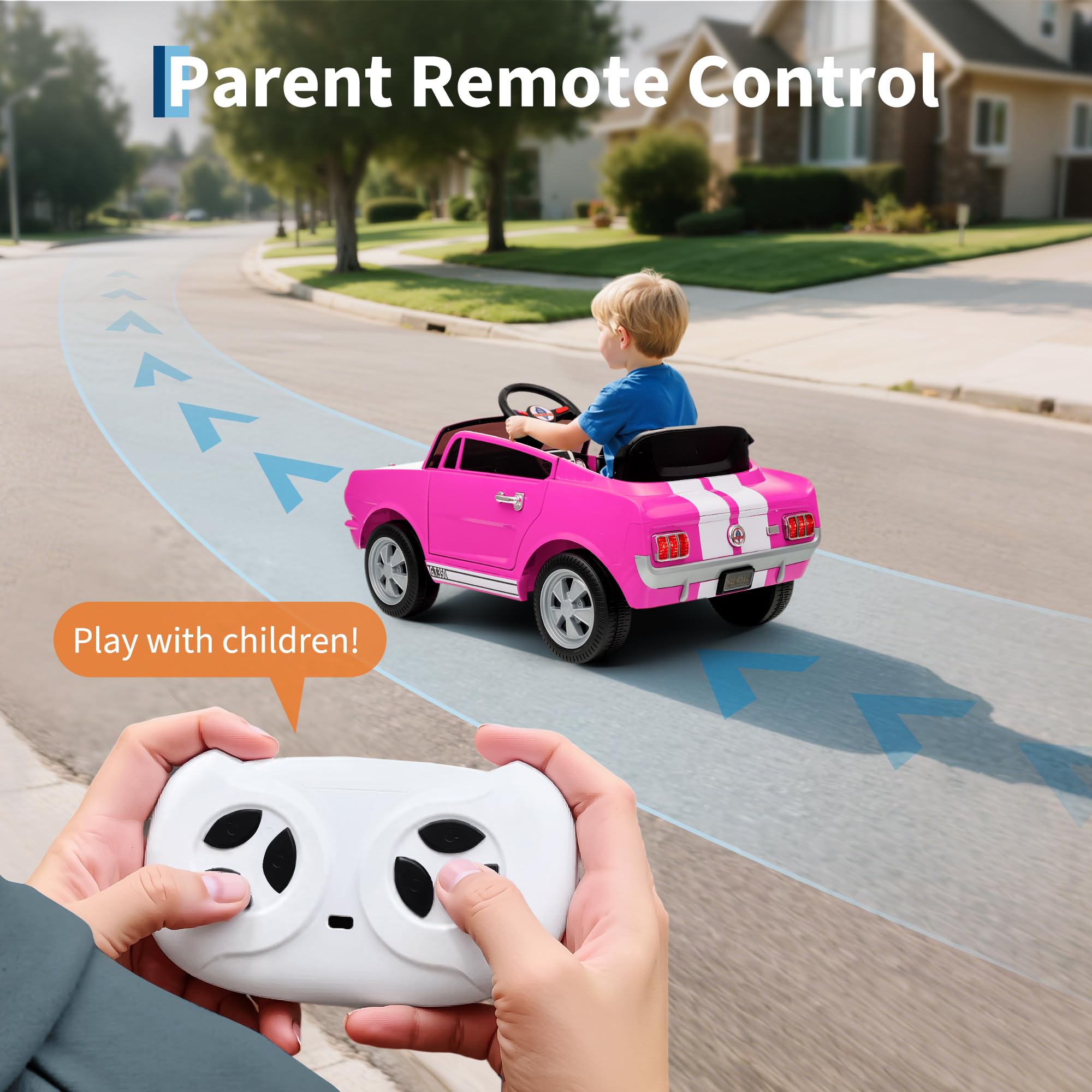 Garvee Ride - P Series: 12V Kids Ride On Car Shelby GT350 Electric Vehicle with Remote Control, LED Lights, Music, USB Port, 2 Speeds, Pink for Outdoor Fun