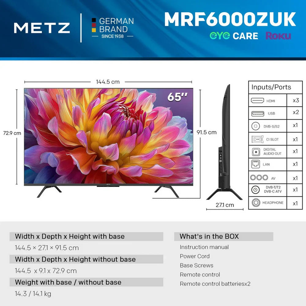 Metz 65MRF6000ZUK 65 Inch MRF6000Z 4K Ultra HD HDR DLED Smart TV with Freely