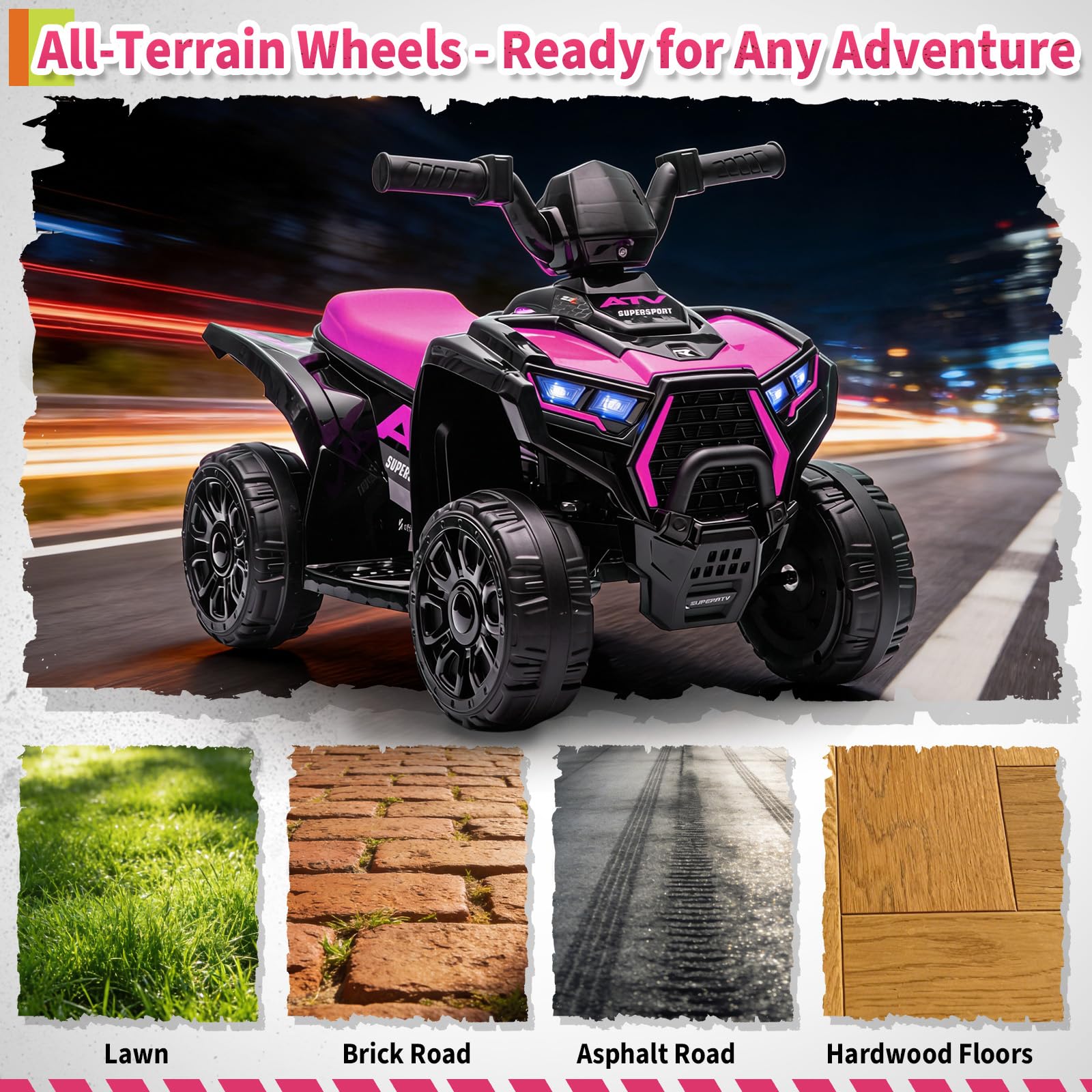 Garvee 6V Battery Powered Kids ATV Car with Lights, Music, 3.5mph Speed, 4 Wheeler, All-Terrain Tires, Safe Ride for Toddlers