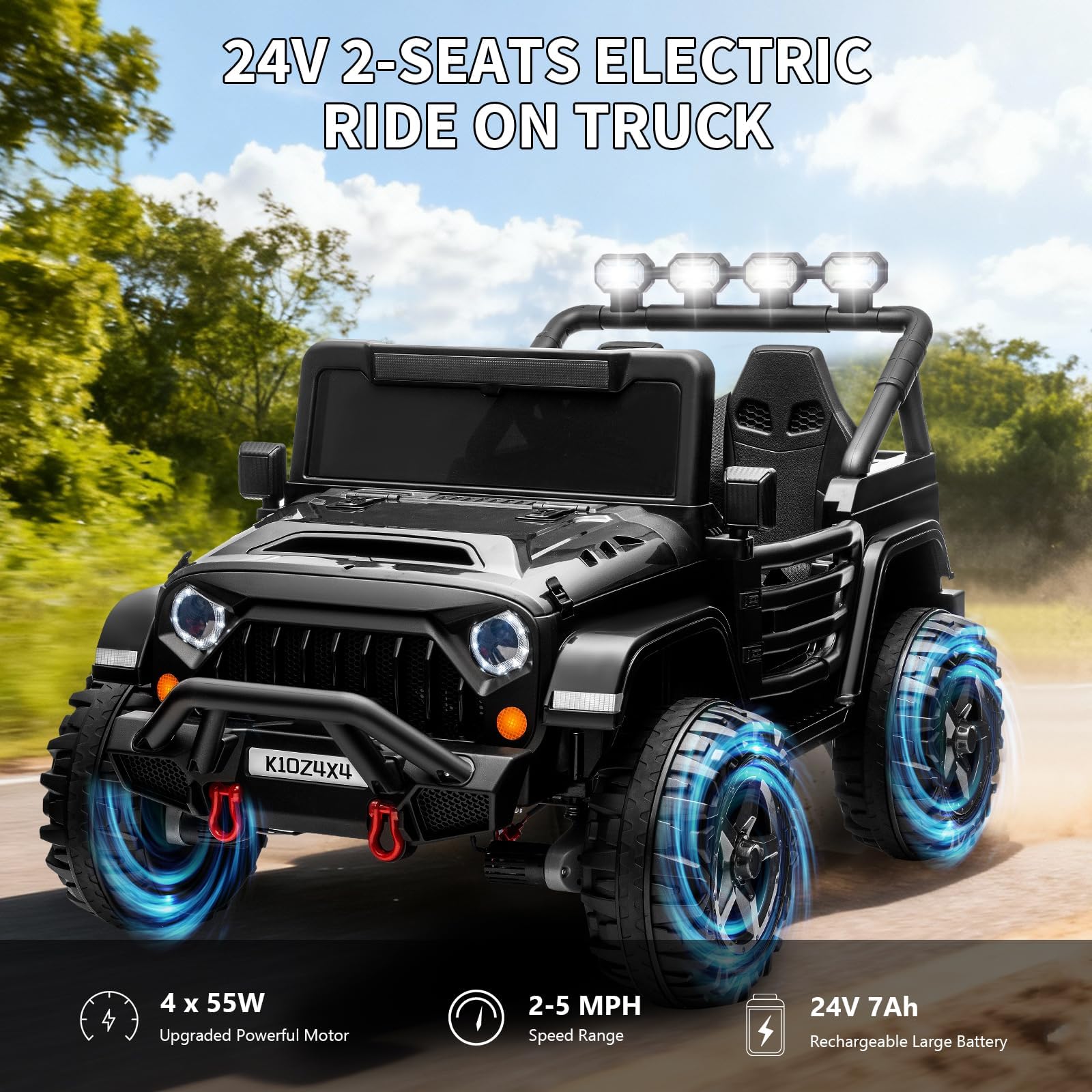 Garvee 24V 4x4 Electric Ride On Truck for Big Kids β 2 Seater Battery Powered Car β Remote Control β 3 Speeds β 4-Wheel Suspension β LED Lights β Wireless Audio Music β Gradual Start β Black