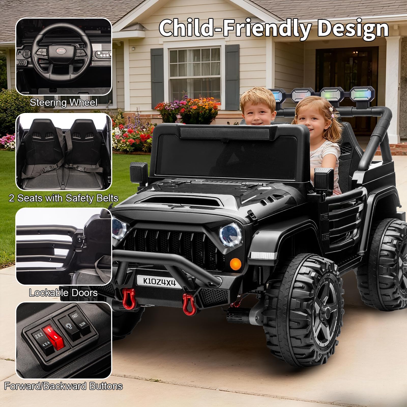 Garvee 24V 4x4 Electric Ride On Truck for Big Kids β 2 Seater Battery Powered Car β Remote Control β 3 Speeds β 4-Wheel Suspension β LED Lights β Wireless Audio Music β Gradual Start β Black