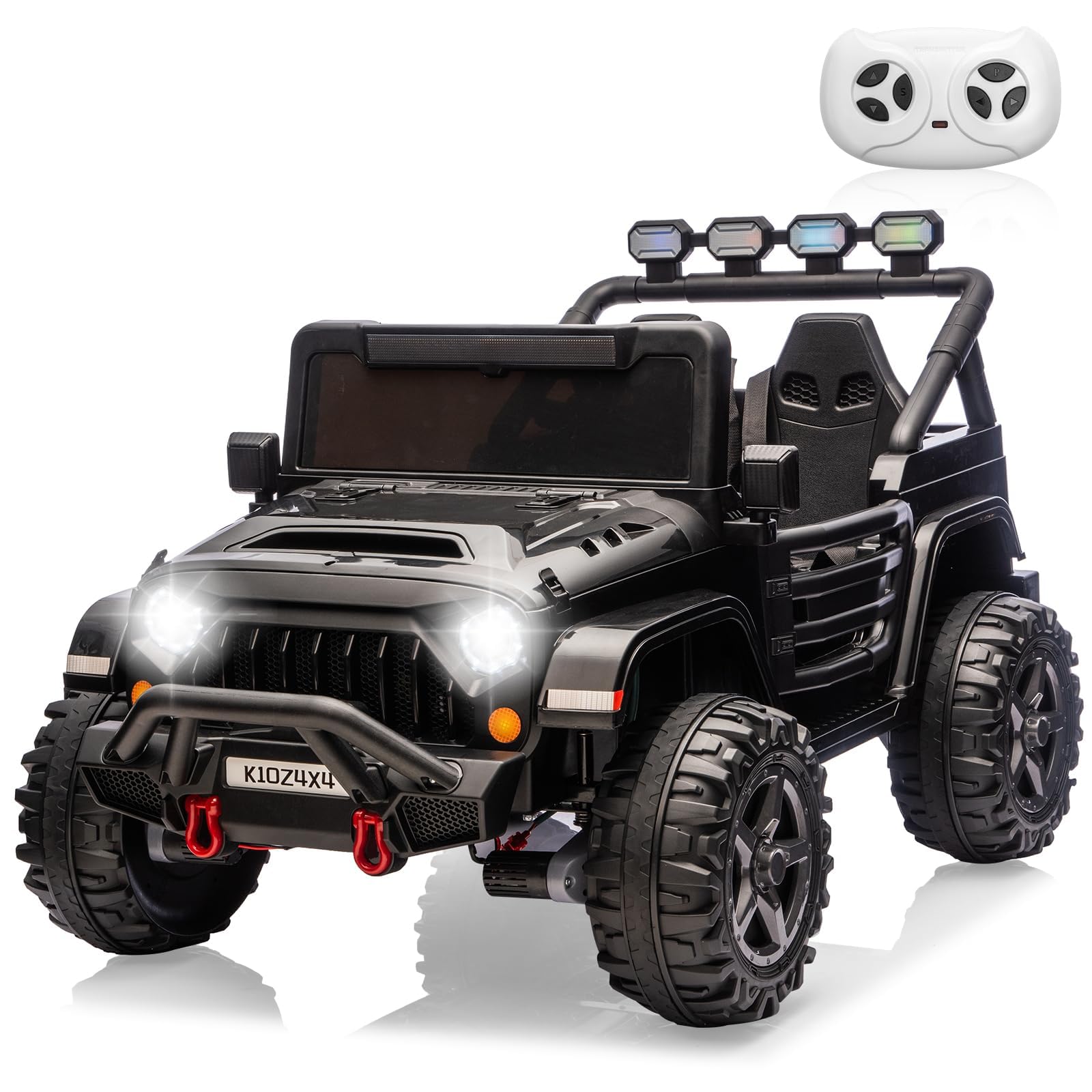 Garvee 24V 4x4 Electric Ride On Truck for Big Kids β 2 Seater Battery Powered Car β Remote Control β 3 Speeds β 4-Wheel Suspension β LED Lights β Wireless Audio Music β Gradual Start β Black