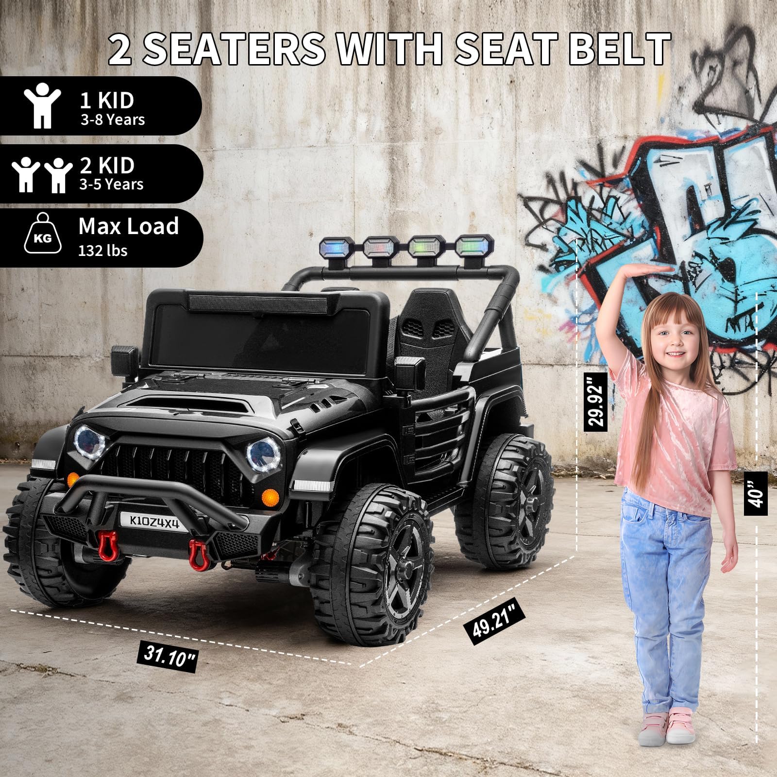 Garvee 24V 4x4 Electric Ride On Truck for Big Kids β 2 Seater Battery Powered Car β Remote Control β 3 Speeds β 4-Wheel Suspension β LED Lights β Wireless Audio Music β Gradual Start β Black