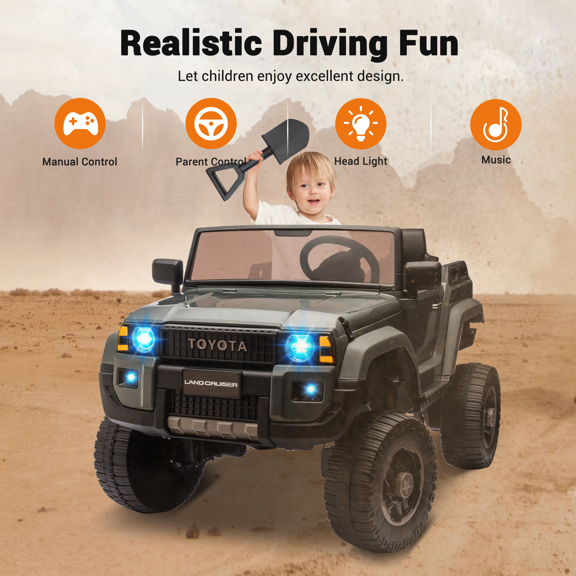 Garvee Ride P Series 24V Kids Electric Ride-On Car w/Parent Remote Control, 4WD/2WD Switch, Bluetooth Music, LED Lights & Shovel β 2-Seater Off-Road Toy for Over 3 Years, ASTM/CPSIA Certified