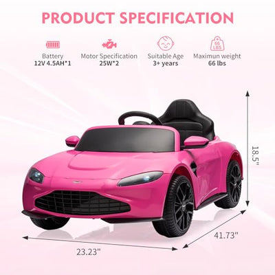 Garvee Ride - P Series: 12V Ride on Sports Car for Kids Licensed Aston Martin Battery Powered Car Toddles Ride on Toy with Remote Control, Horn, Soft Start, LED Lights, Music, USB, Electric Vehicle for Boys Girls (Pink)