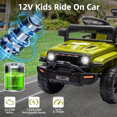 Garvee Ride - P Series: 12V Ride On Toy w/Parent Remote Control, Steering Wheel Music, 4-Wheel Spring Suspension, Led Lights, 2 Speeds, Kids Electric Vehicles for Age 3-5, Green