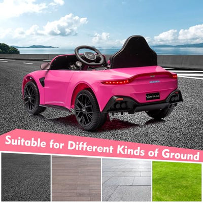 Garvee Ride - P Series: 12V Ride on Sports Car for Kids Licensed Aston Martin Battery Powered Car Toddles Ride on Toy with Remote Control, Horn, Soft Start, LED Lights, Music, USB, Electric Vehicle for Boys Girls (Pink)
