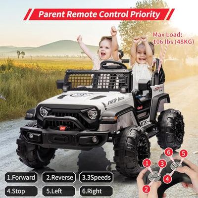 Garvee Ride - P Series: 2 Seaters Kids Ride On Truck With Remote Control,20“ Large Seat Ride On Car for Toddlers, 24V 9AH Electric Vehicle Car With Led Light,Large Storage Space, Bottle Holder,Music, Horn for 3-8 Years,White