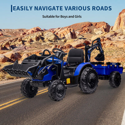 Garvee Ride P Series 3-in-1 Ride-On Tractor, 24V Electric, Excavator & Bulldozer, Remote Control, LED, Music, USB/Bluetooth max 66 lbs - Bright-blue