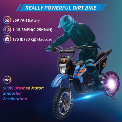 Garvee Ride - T Series: 36V Kids Electric Dirt Bike, 350W/15.5MPH Brushless Motor, LED, Comfortable Leather Seat, 175lbs Max Load Capacity-Blue