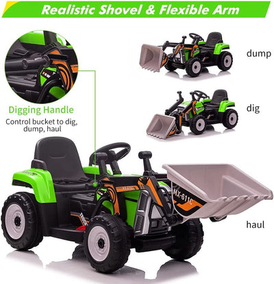 Garvee 12V Kids Ride on Car,Excavator with Bucket & Remote Control,Toddler Battery Powered Electric Vehicle,2+1 Gear Shift,3 Speeds,Bluetooth,7-LED Headlights,Music,Thread Tire,green