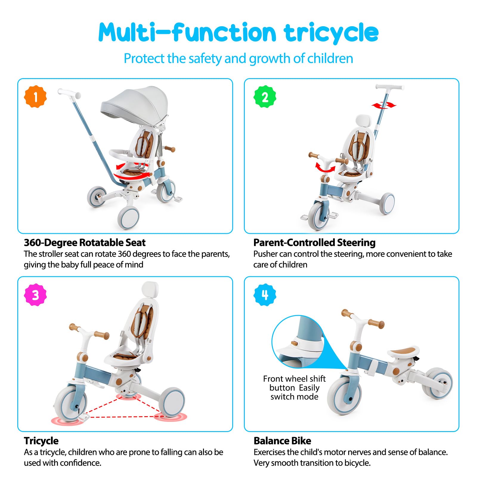 Garvee 7 in 1 Baby Tricycle, Foldable Toddler Tricycle with Removable and Adjustable Parent Handle, Toddler Push Bike with Removable Pedal, Canopy, and Guardrail, Tricycle for 12-72 Months（White）