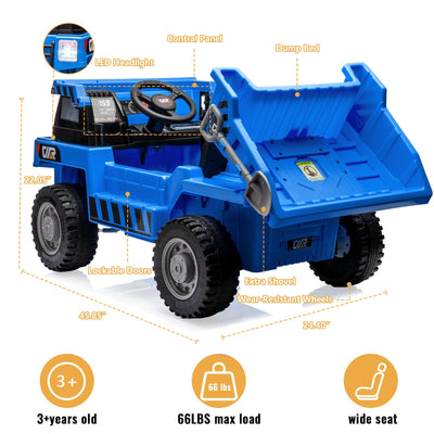 Garvee Ride - P Series: 12V Kids Ride on Dump Truck with Electric Bed, Remote Control, USB, MP3, Music, Battery Indicator, Blue