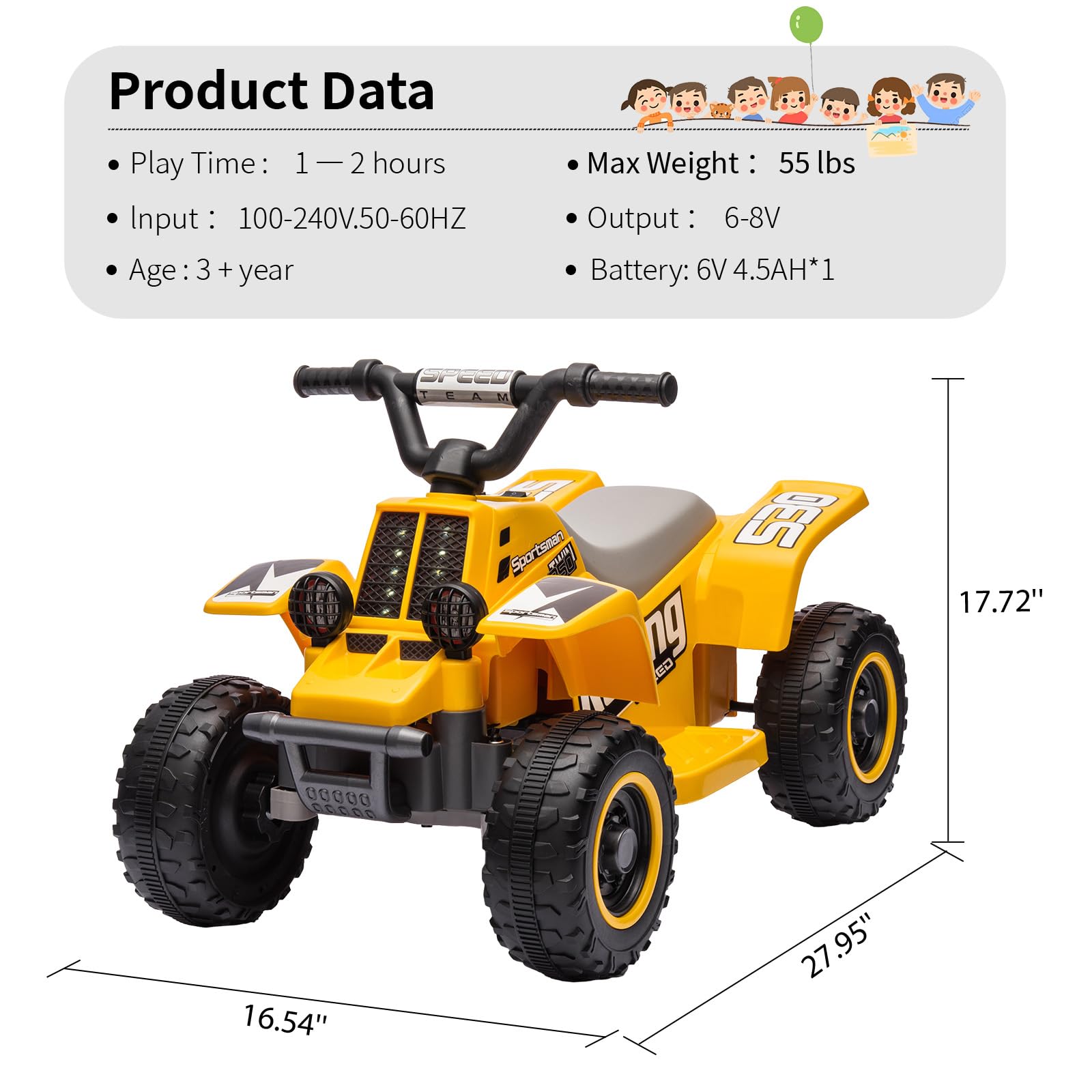 Garvee Ride - P Series: 6V Kids Ride On Electric ATV, Ride Car with LED Headlights, Ride-On Toy for Toddlers 1-3 Boys & Girls with Music, Forward & Reverse - Yellow