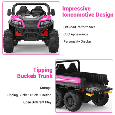 Garvee Ride - P Series: 24V 4WD Electric Ride On Dump Truck with Remote Control, 2-Seater, Music Player, LED Lights, Key Start Safety System, Durable Plastic, Off-Road Kids Toy for Ages 3+ - Pink