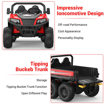 Garvee Ride - P Series: 24V 4WD Electric Ride On Dump Truck with Remote Control, 2-Seater, Music Player, LED Lights, Key Start Safety System, Durable Plastic, Off-Road Kids Toy for Ages 3+ - Red