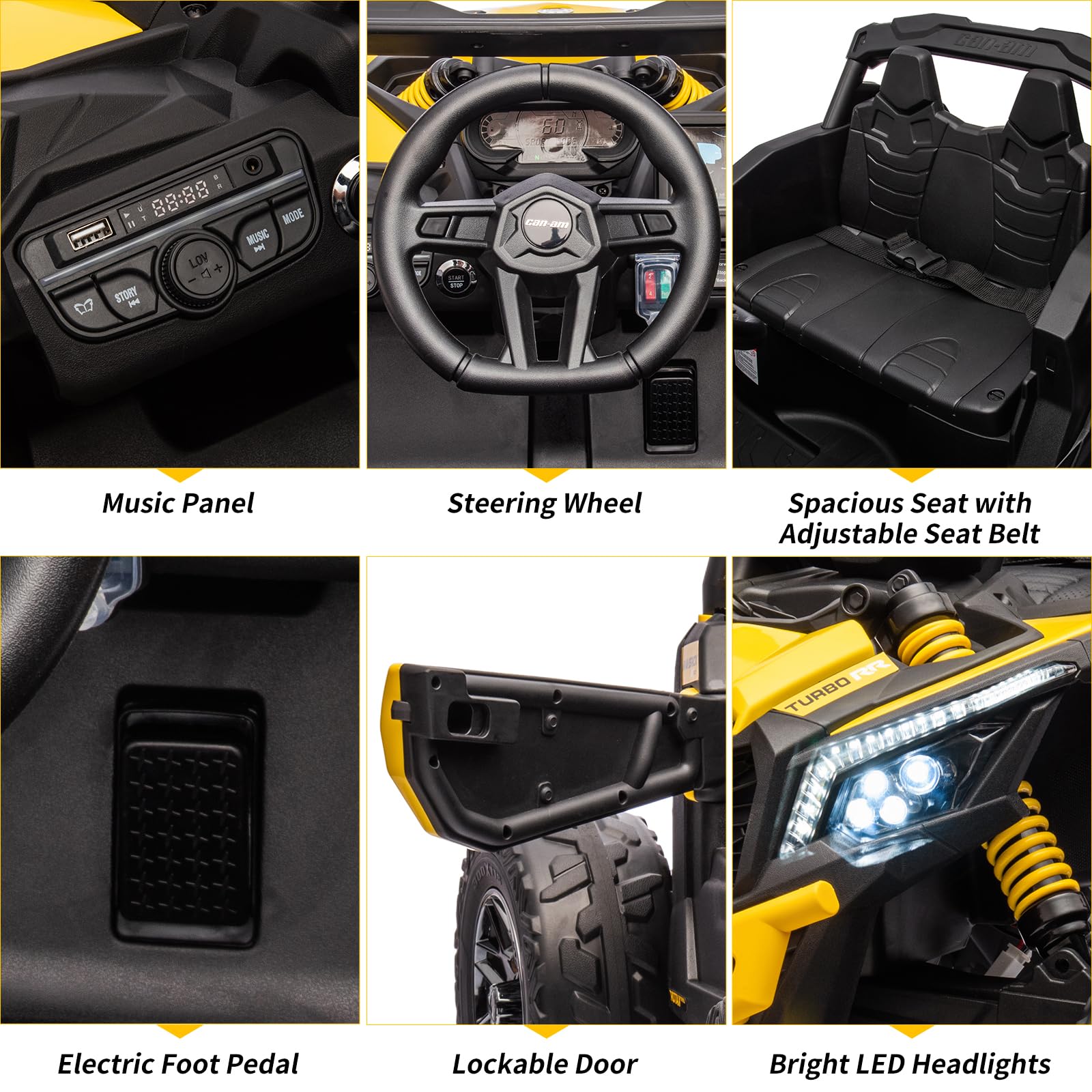 Garvee Ride - P Series: 12V Can-Am Ride-On UTV: Remote Control, Large Seat, Music, LED Lights, Spring Suspension, for Boys & Girls - Yellow